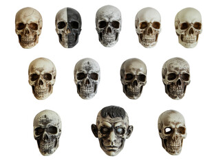 Skull portraits collection: various aged and shaded human skulls with rugged textures