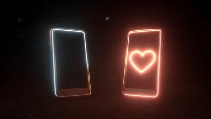 Two smartphones with neon outlines, one displaying a heart symbol, against a dark background
