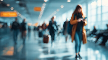 Busy Airport Terminal Hall with Blurred Walking Passengers and Sunlight