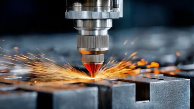 Laser Precision in Action: A cutting-edge laser precisely etches intricate designs onto a metallic surface, producing a dazzling display of sparks.