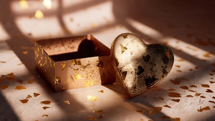 A gold heart and box sit on a surface with gold flakes and shadows