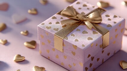 A beautifully wrapped gift box with a golden bow and hearts on a pink background