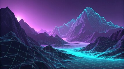 Vibrant purple mountain landscape with neon grid lines glowing