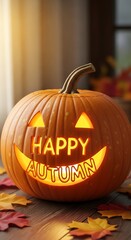 Fototapeta premium Lit pumpkin decoration with happy autumn text on wooden table background