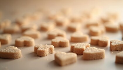 Sweet heart shaped cookies in pastel beige tones arranged on flat surface. Many small baked treats with sugar dusting create soft textured pattern. Gentle lighting emphasizes delicate sugary forms