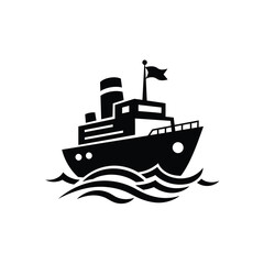 Obraz premium a simple black and white graphic depicts a steamboat sailing on wavy water showcasing nautical themes and transportation