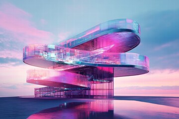 Futuristic layered building with flowing pastel forms