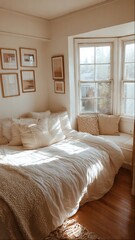 A serene and inviting bedroom with a large bed and a window seat bathed in natural light
