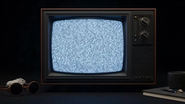 Retro Television Displaying Static Screen with Eyeglasses Coffee Mug and Notebook in Dark Setting
