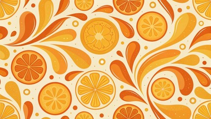 Vibrant orange slices and leaves pattern on cream background