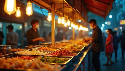 Asian street food stall at night with many dishes. People wear masks buying snacks under warm Edison bulbs. Urban market offers diverse meals.