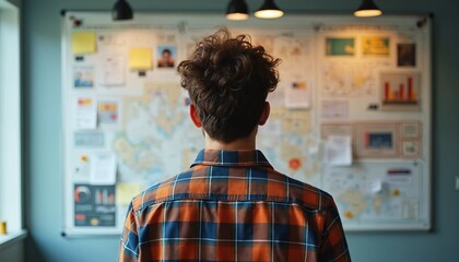Man analyzes world map, charts on large planning board. Looks at information, plans strategy, tracks progress. Visual represents business planning, global strategy, project management decisions.