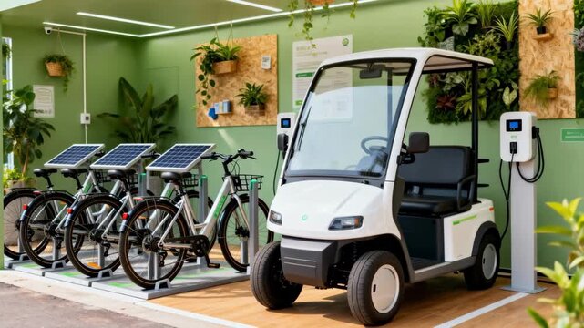 Medium shot of ecofriendly transportation tools rental center showcasing energyefficient bicycles and electric carts ready for use