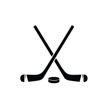 A simple black and white illustration depicts two crossed hockey sticks and a puck representing winter sports and athletic equipment