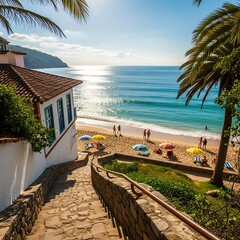 Stone staircase descends from colorful coastal dwelling toward sunlit ocean beach