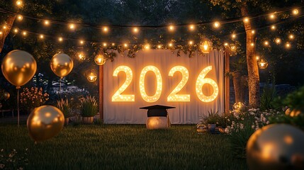 Festive outdoor night scene with illuminated 2026 sign and balloons

