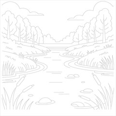 vector illustration of a landscape with river coloring page