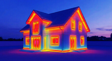 Night thermal imaging of a residential house showing energy loss. Heat map visualization of building insulation performance and temperature distribution at dusk.