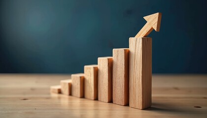 Wooden blocks form a rising graph with an arrow pointing upwards. This symbolizes business growth progress and financial success on a table.