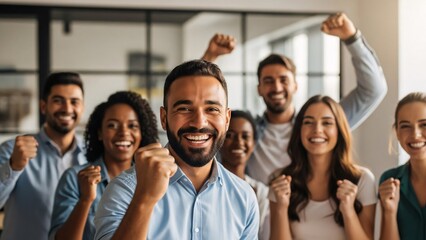 Fototapeta premium Diverse group of smiling happy professionals celebrating success in modern office environment with enthusiastic gestures and positive energy