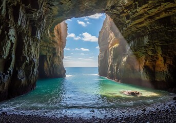 Sunlight streams into a vast sea cave revealing turquoise water and towering cliffs