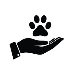 A black and white illustration depicts a human hand gently holding a paw print symbolizing care and protection © Bar