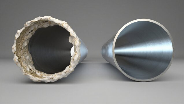 Comparison of two metal pipes showing heavy calcification and a clean new surface. Industrial or domestic plumbing maintenance concept highlighting hard water damage.