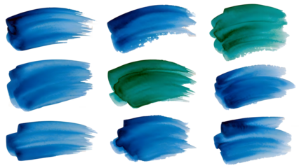 Set of nine blue and green watercolor brush strokes