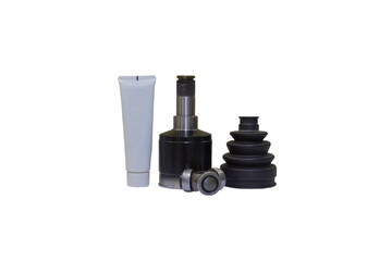 car internal CV joint kit isolated, Internal CV joint replacement kit, Lubricant tube, CV joint boot, tripod bearing