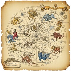 Vintage celestial chart illustrates numerous constellations mapped across a circular diagram on aged parchment