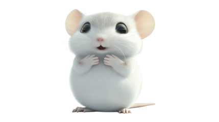 High-resolution studio photo of a white albino domestic mouse, pink eyes, detailed fur, natural pose, isolated on white background.