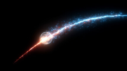 Flying cosmic meteor, planetoid, or comet with neon fireball trails and light arcs, isolated on transparent background, creating dynamic sci-fi and space effects.
