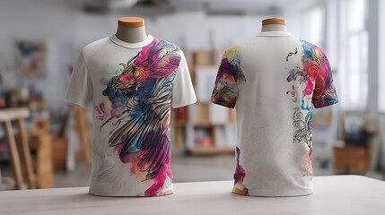 Obraz premium Showcasing unique front and back view t-shirt mockup with artistic design studio setting digital art concept for effective marketing.