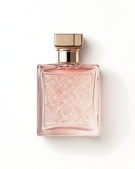 Elegant Perfume Bottle Still Life: Top View, Golden Cap, Intricate Design, Luxury Fragrance, Cosmetic Presentation on White Background