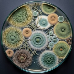 Diverse Mold Colonies Thriving in a Petri Dish - A Microscopic World.