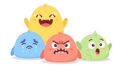 Whimsical group of colorful cartoon blobs with varied facial expressions in a playful illustration.