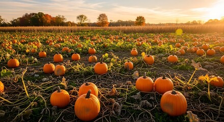 Numerous orange gourds ripen across an expansive field during a warm sunset