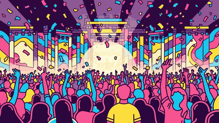 Vibrant crowded concert venue with colorful lights and cheering fans at a large event.