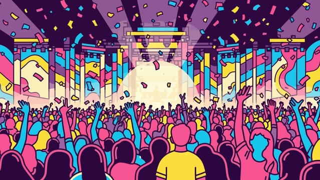 Vibrant crowded concert venue with colorful lights and cheering fans at a large event.
