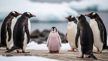 Obraz premium Group of penguins standing on icy shoreline with snow and rocky background in a natural Antarctic habitat for wildlife conservation and nature photography