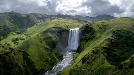 skogafoss waterfall panorama in southern iceland from above.