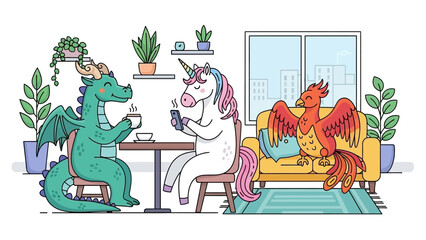 Whimsical monsters enjoy a cozy living room gathering with plants and a dragon musician.