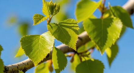 Vibrant fresh green leaves illuminated by sunlight against a clear blue sky.