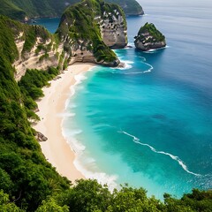 Steep verdant cliffs overlook a secluded tropical beach meeting brilliantly turquoise ocean water