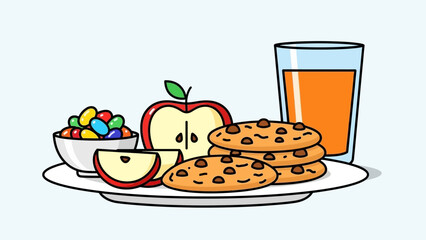 Assorted cookies with fresh fruit and a glass of juice on a plate for a cozy snack setting.
