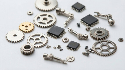 Tiny robotics components and gears on a white background, macro shot, concept of nanotechnology