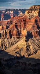 Layered rock formations reveal deep canyon views under a bright sky