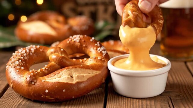 Soft pretzels with cheese dip on rustic wooden table with beer