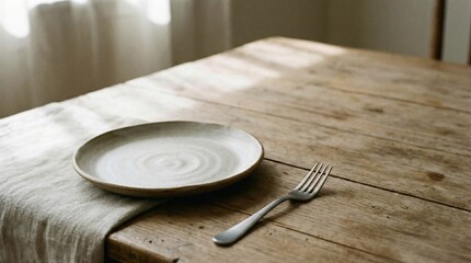 Minimalist table setting with a single fork and plate, soft shadows, simple elegance