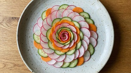 Abstract food art: thinly sliced radishes, cucumbers, and carrots spiraled into a floral mandala on a light ceramic plate